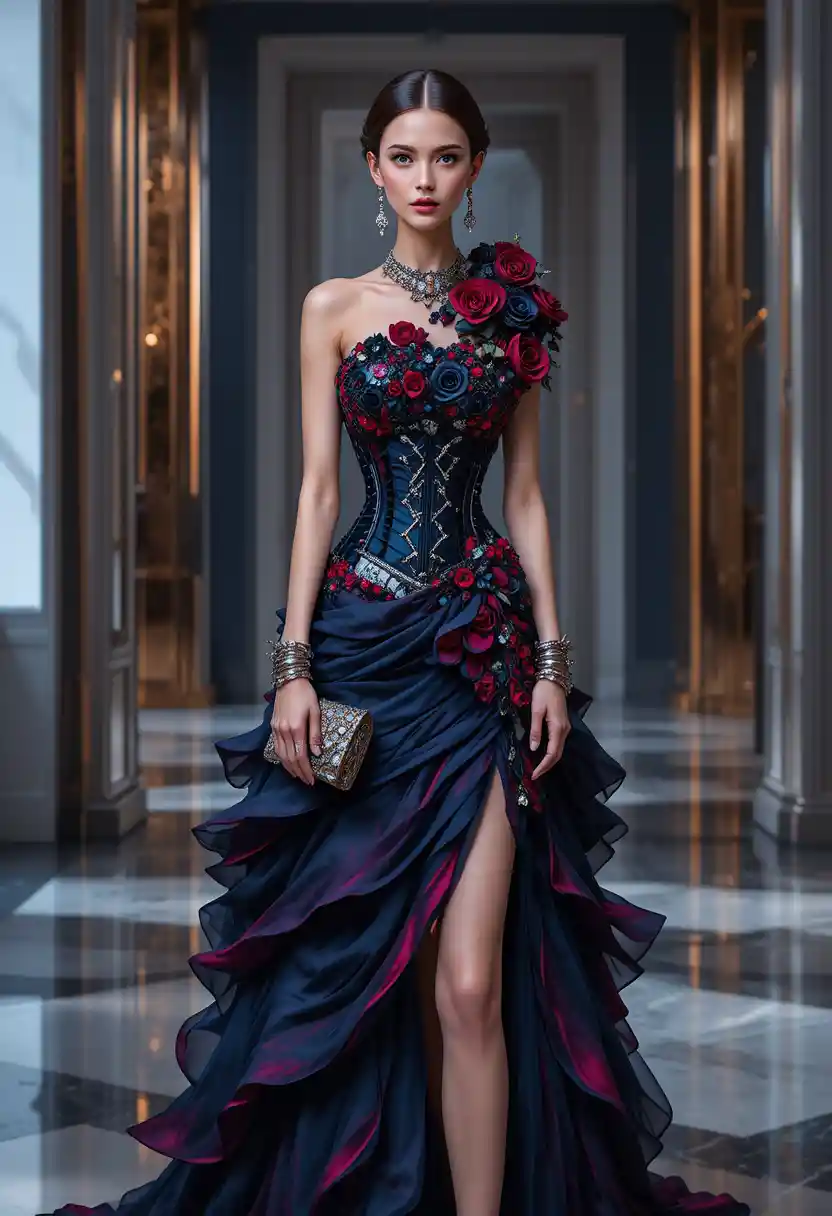 Élégante illustration de mode couture d’une femme en robe de roses