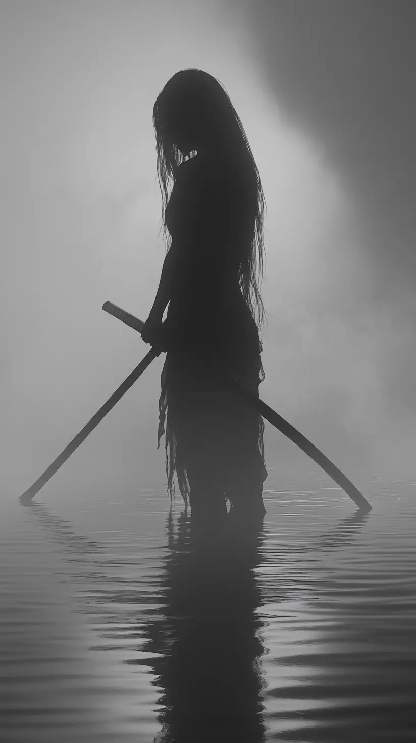 Silhouetted warrior woman with katana in shallow water