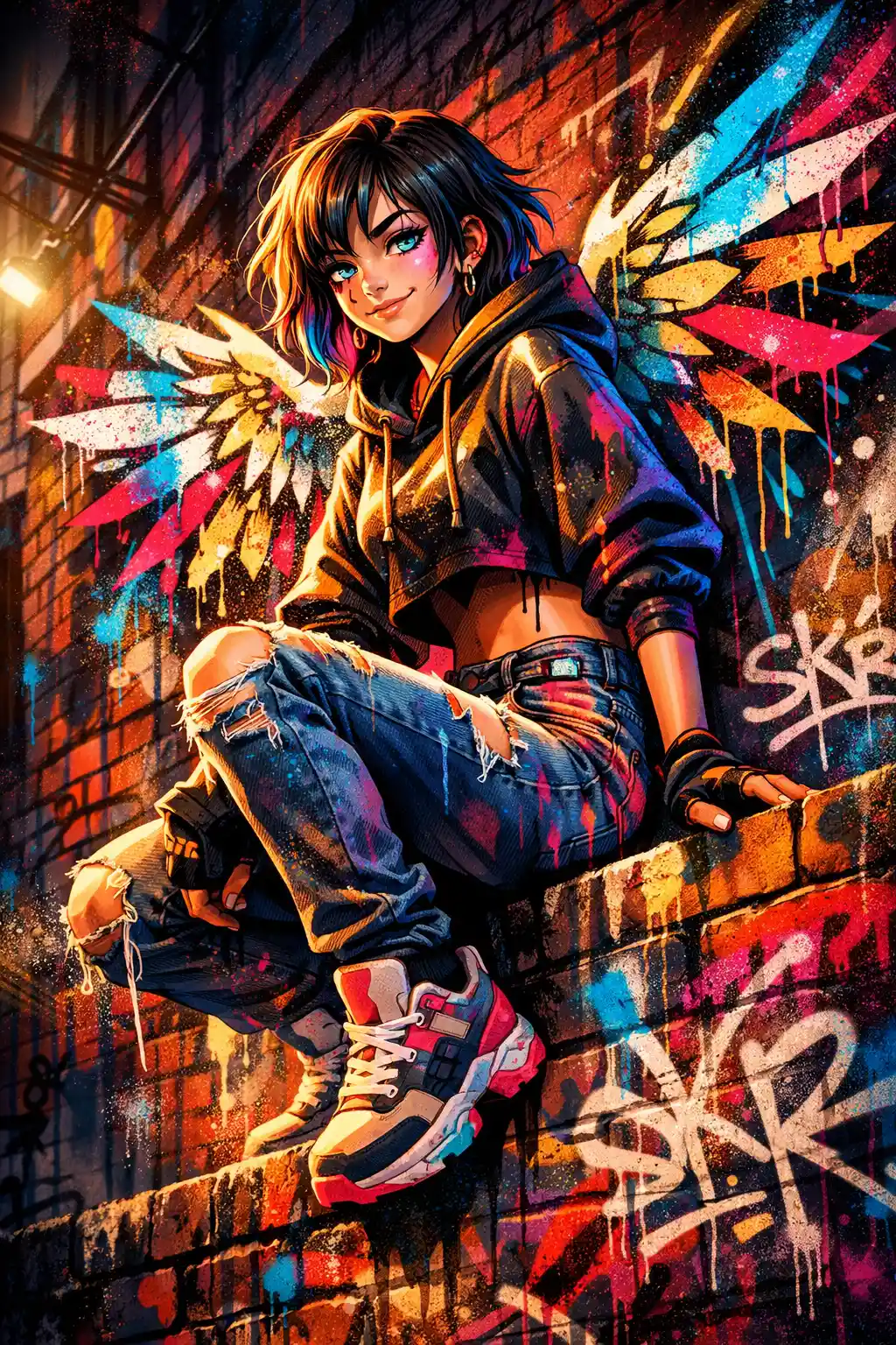 Angel graffiti girl sitting on a brick wall in alley