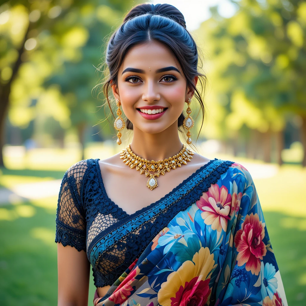 Joyful Indian girl in organza saree portrait outdoors