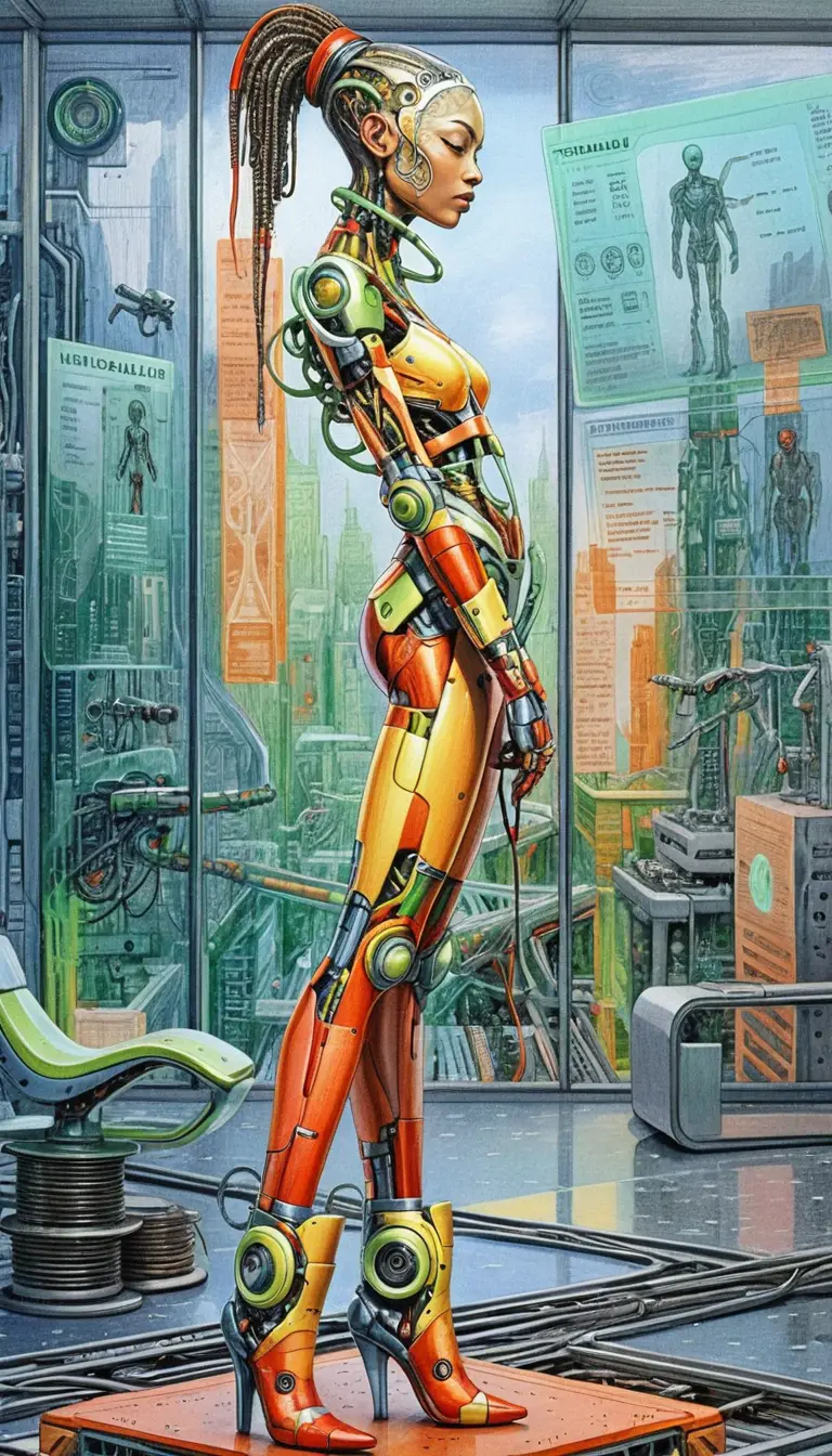 Donna biomeccanica futuristica in elegante profilo cibernetico