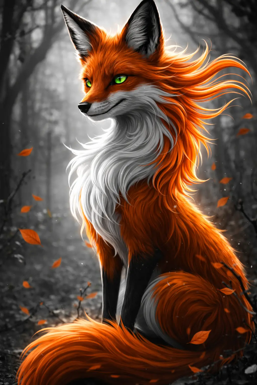 Red fox portrait in misty monochrome forest with green eyes
