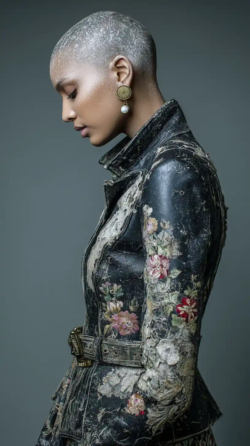 Avant garde fashion woman with cracked silver head texture