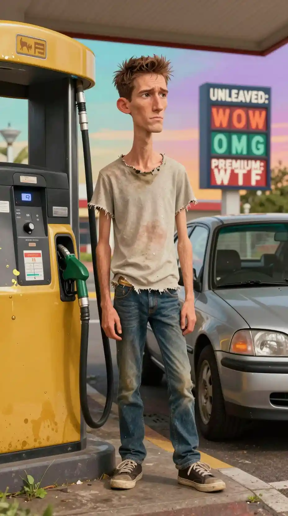 Cartoon man fueling a tiny car at a golden gas pump