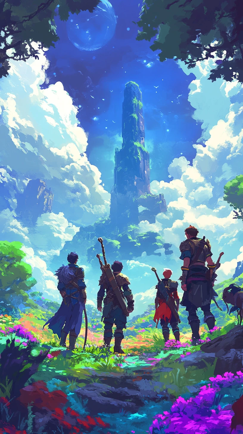 Héroes de fantasía reunidos en un vibrante paisaje de pixel art