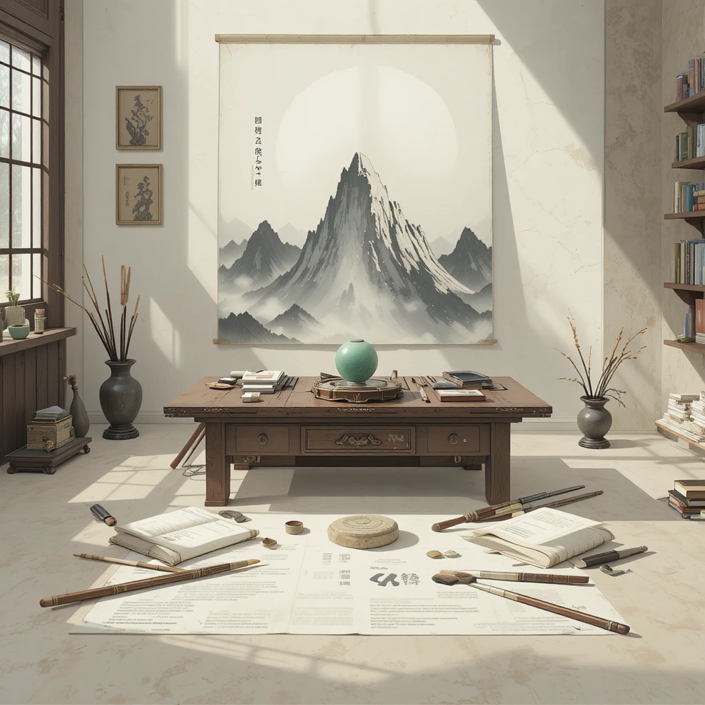 書齋案桌與毛筆與卷軸
