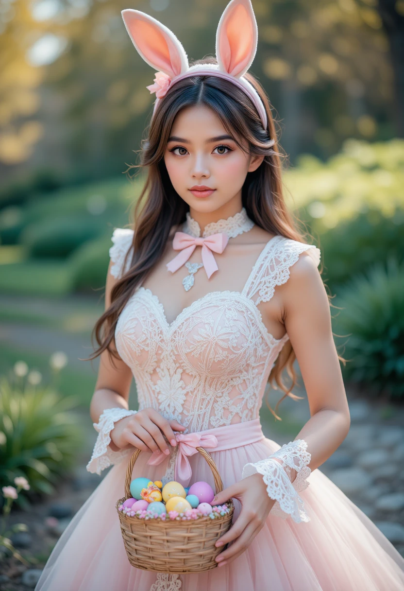 Latino youth in Easter dress with bunny ears outdoors