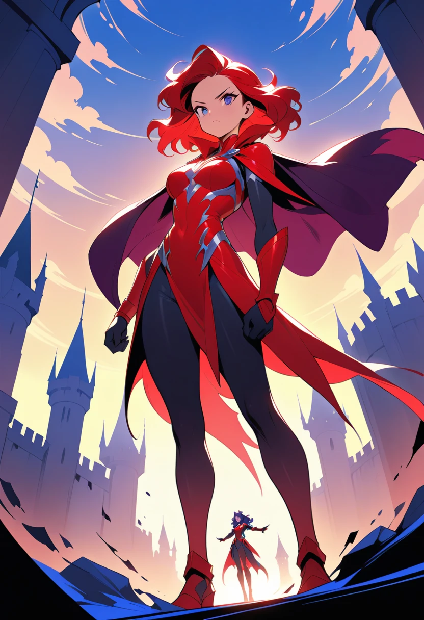 Red caped superhero woman before a gothic castle at dusk