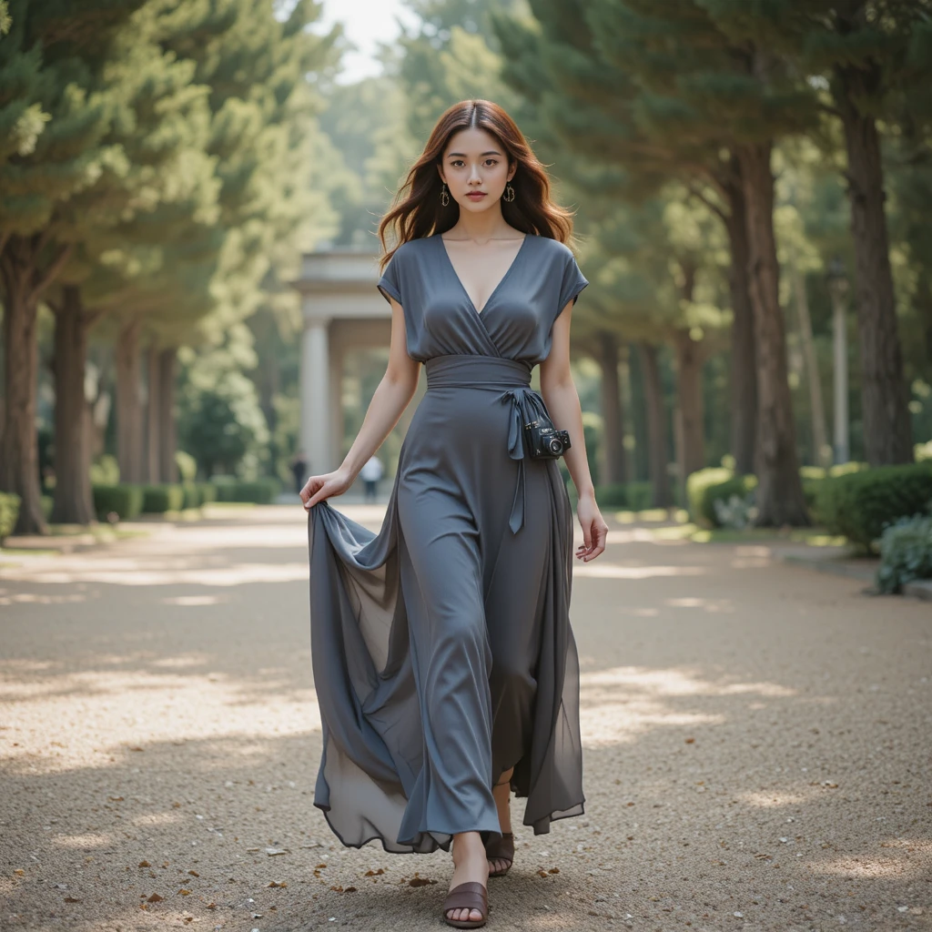 Young woman walking in a slate silk wrap dress