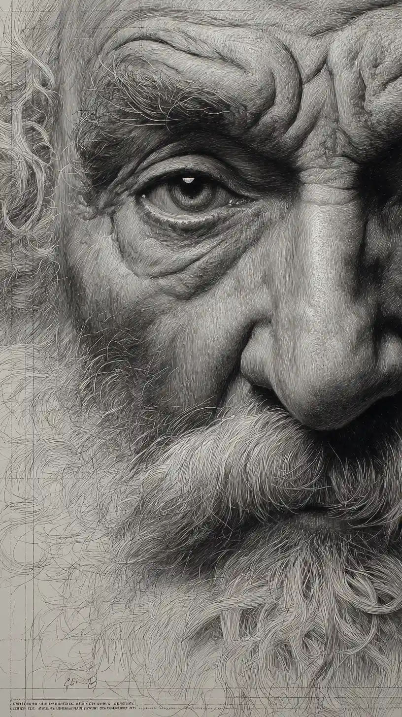 Ritratto in grafite di anziano in drammatico chiaroscuro, primo piano