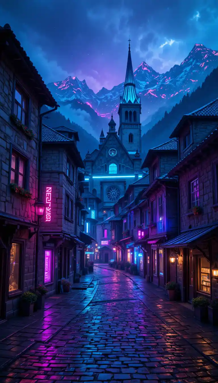 Gothic Cathedral City With Neon Cyberpunk Night Lights