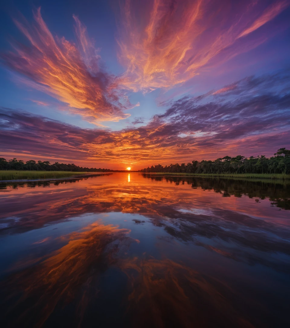 Tramonto sereno sull’Orinoco con riflesso a specchio