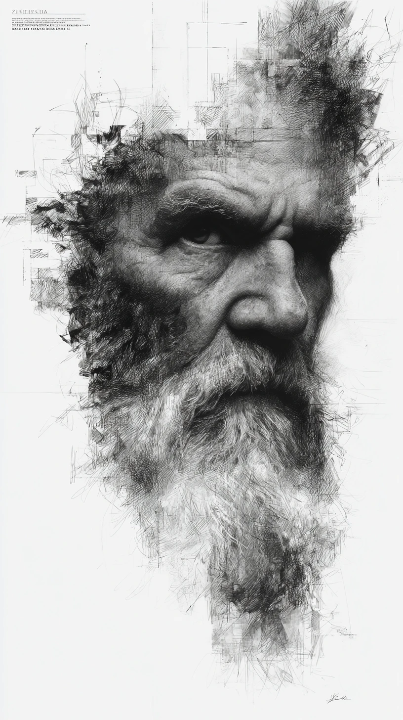 Aging male portrait in dramatic charcoal chiaroscuro