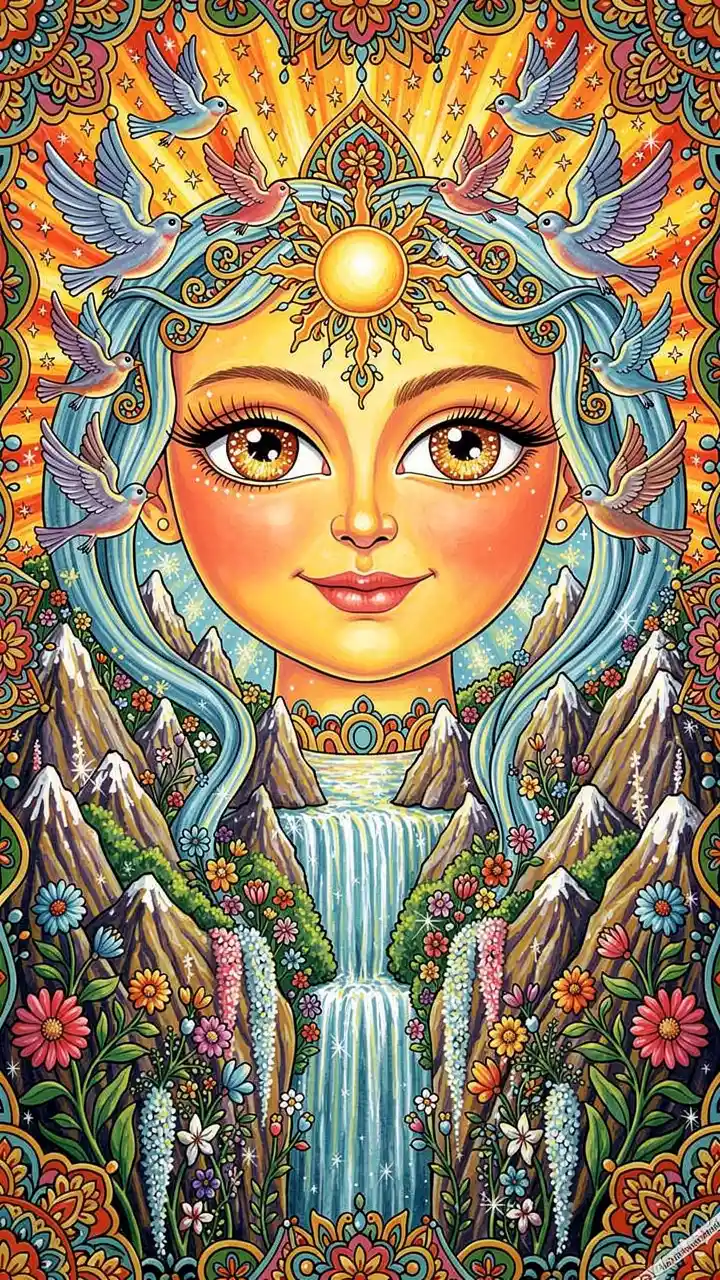 Retrato de diosa del sol sonriente con cabello como río