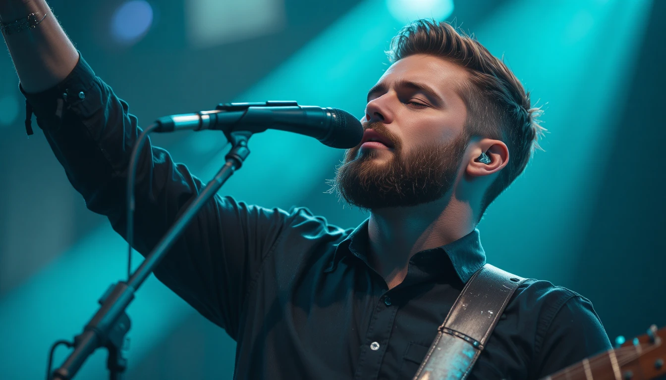 Cantante maschile di worship che si esibisce con passione sul palco del concerto