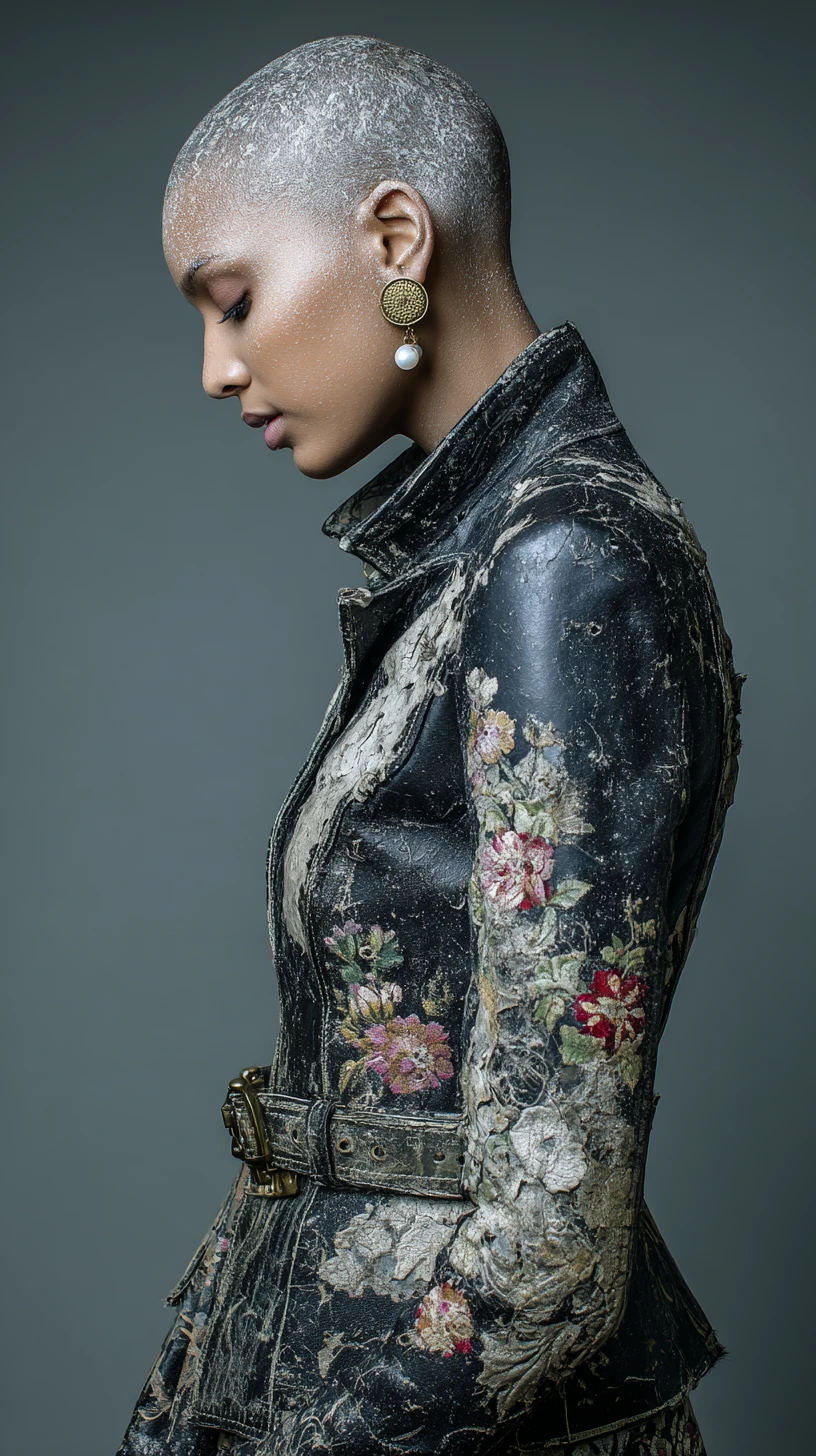 Avant garde fashion woman with cracked silver head texture