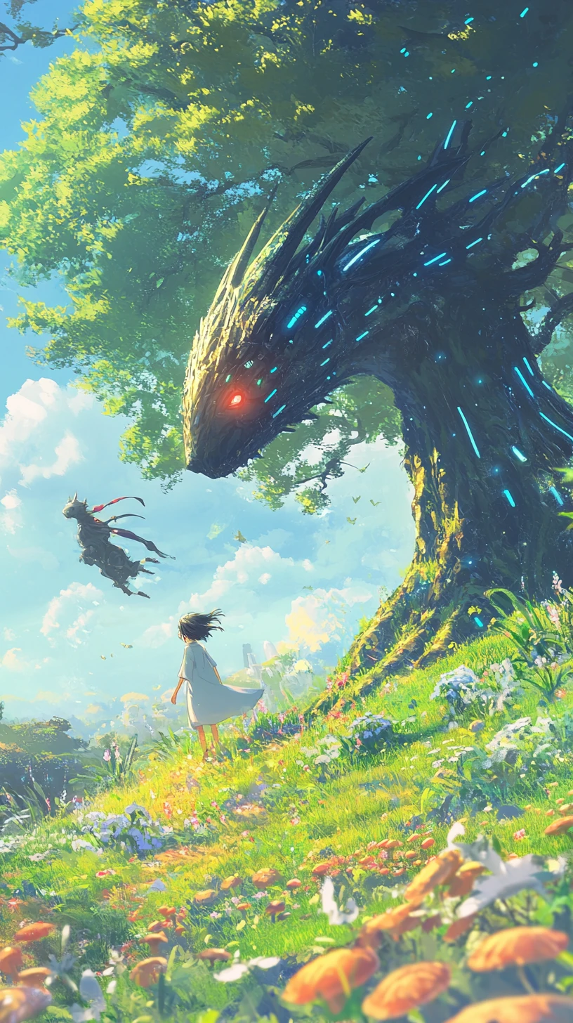 Forest spirits playing in a sunny meadow beneath a tree
