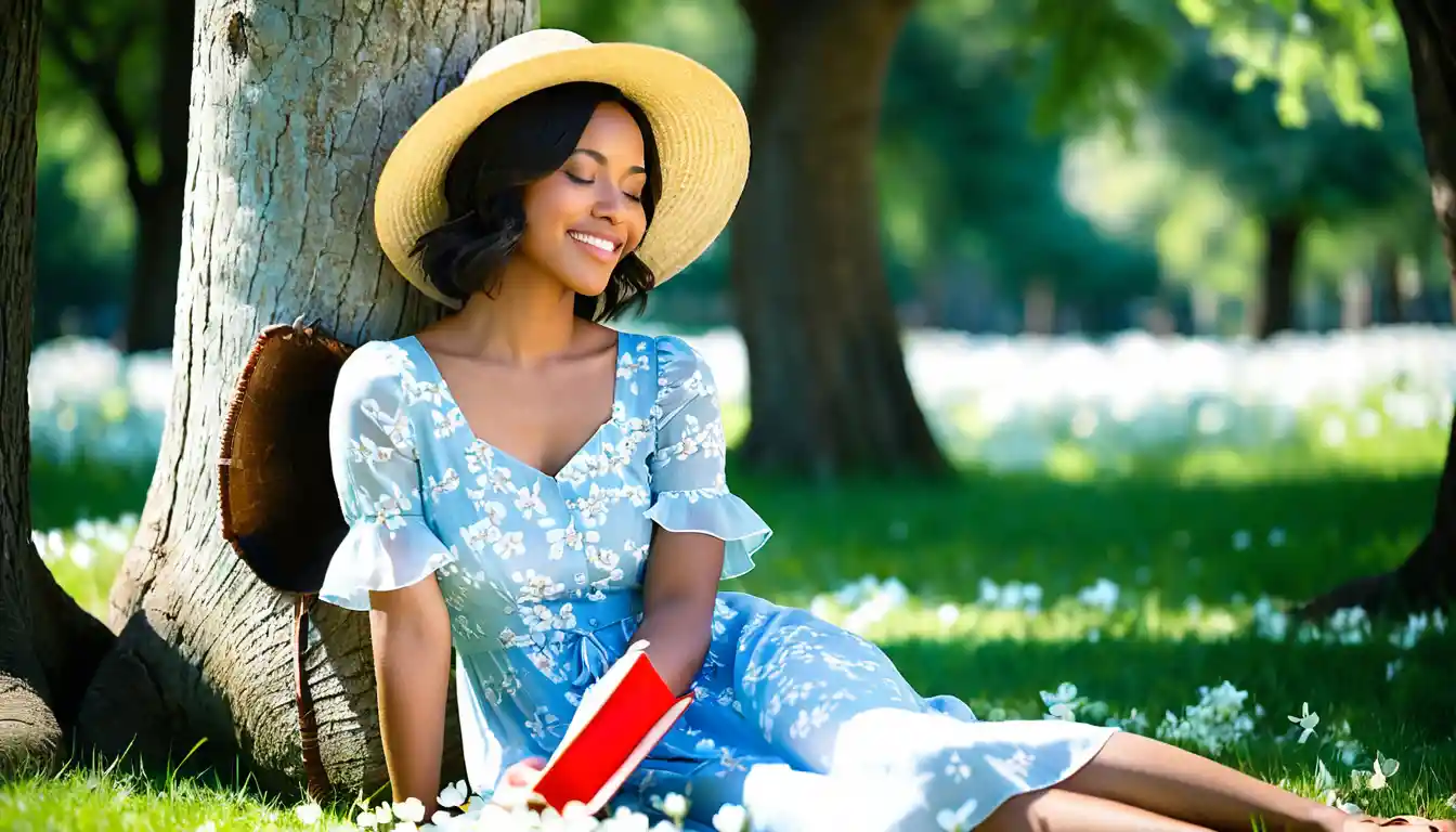 Young woman resting under a flowering tree in spring