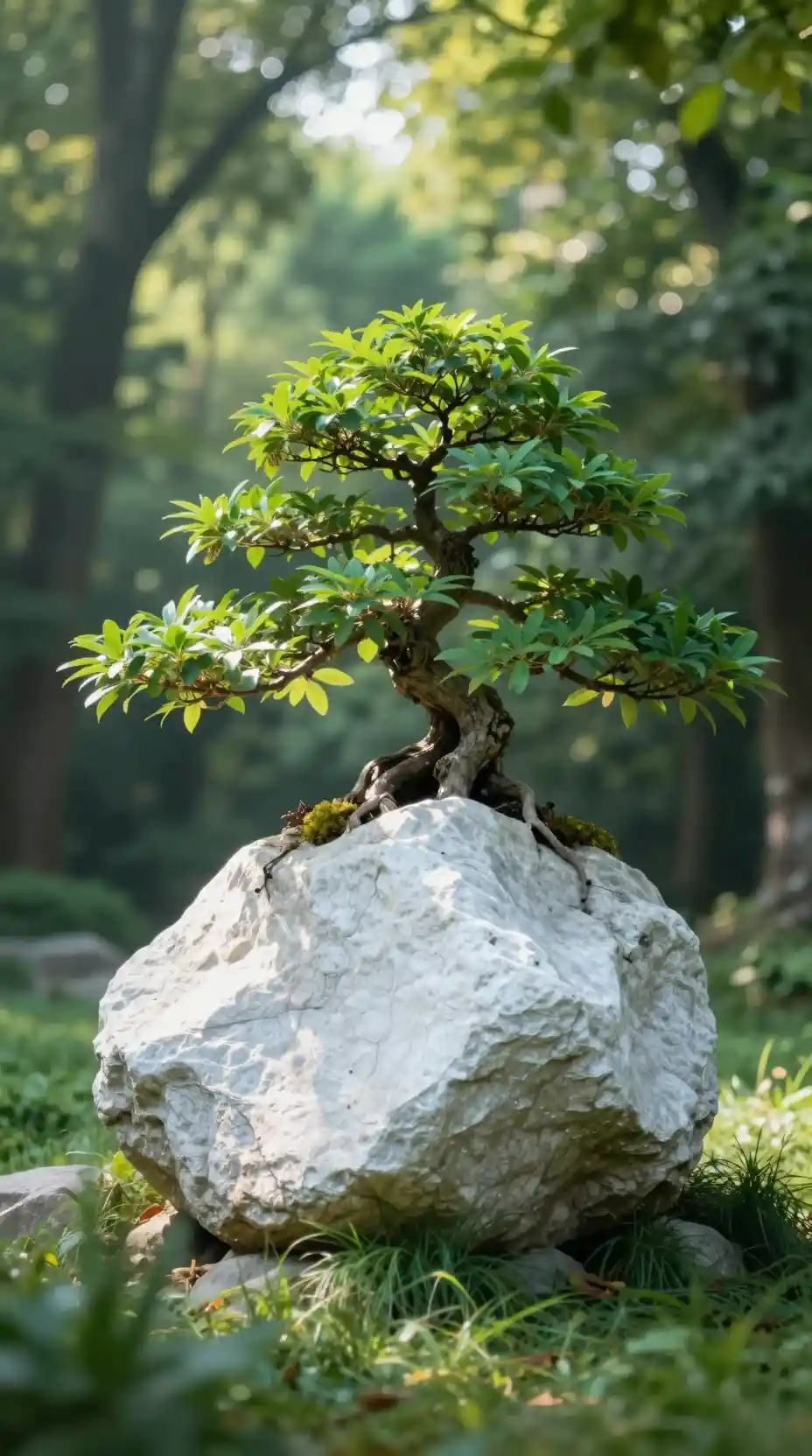 Albero bonsai che cresce da un masso di granito in un prato di foresta