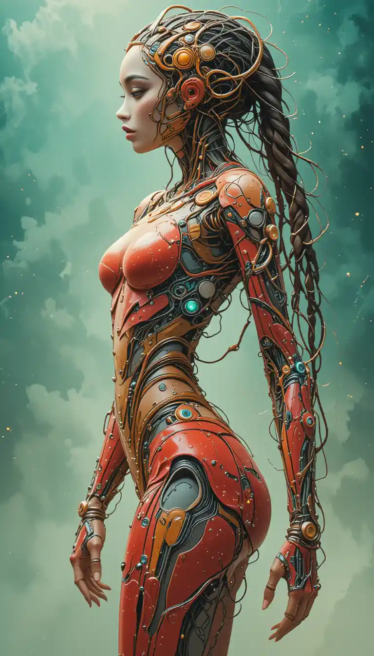 Futuristic cybernetic woman in profile with biomechanical armor