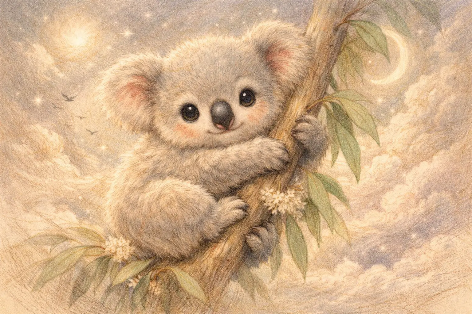 Adorable bébé koala enlacé à une branche d’eucalyptus en dessin au crayon