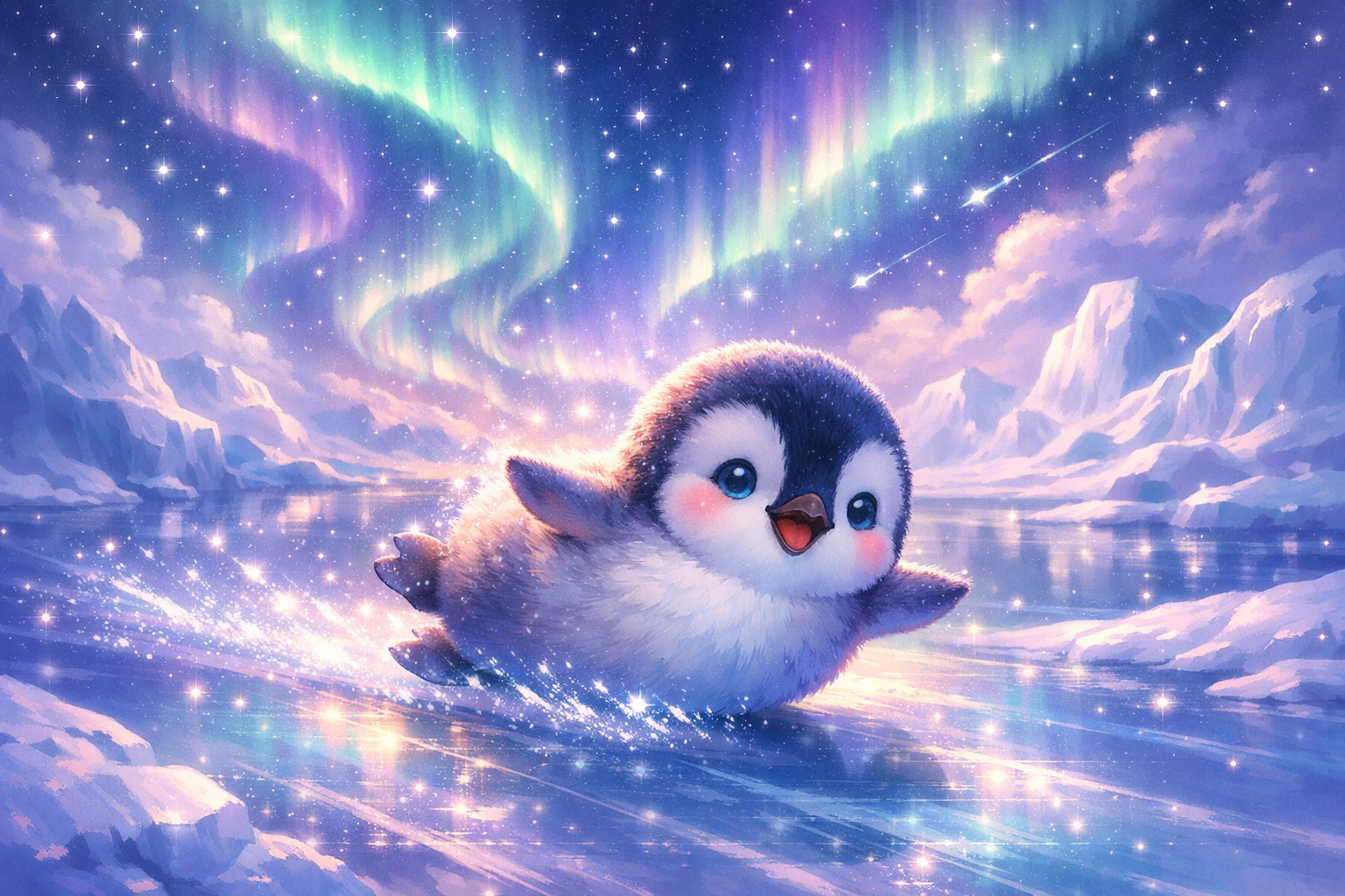 Niedlicher Neon-Pinguin rutscht über eisige Arktis unter dem Polarlicht
