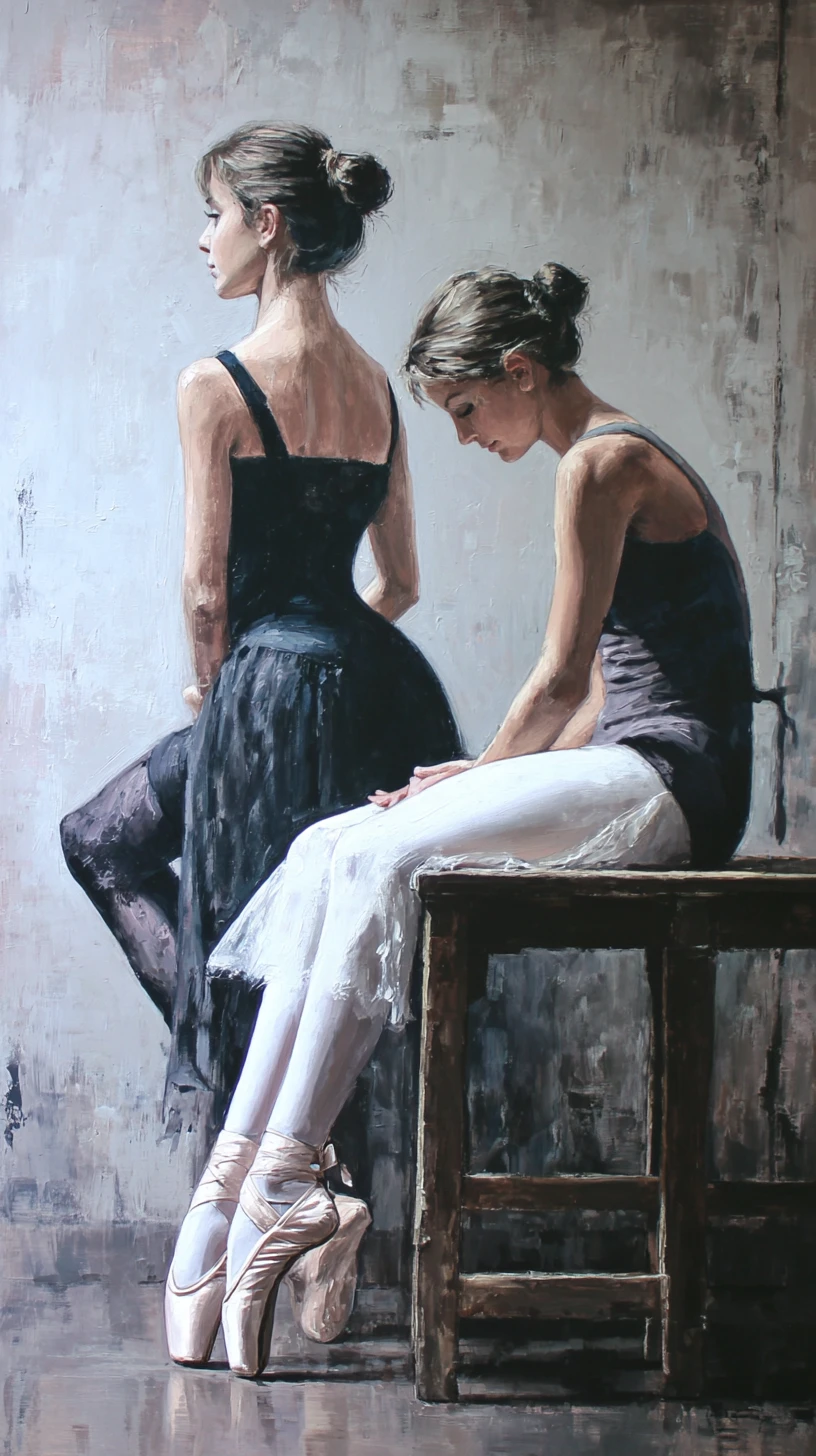Two young ballerinas resting on a wooden bench after class