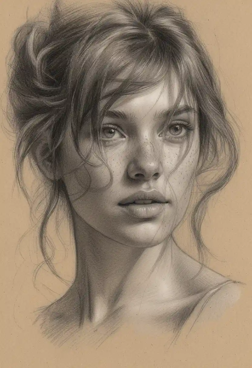Graphite charcoal portrait of a freckled girl looking upward