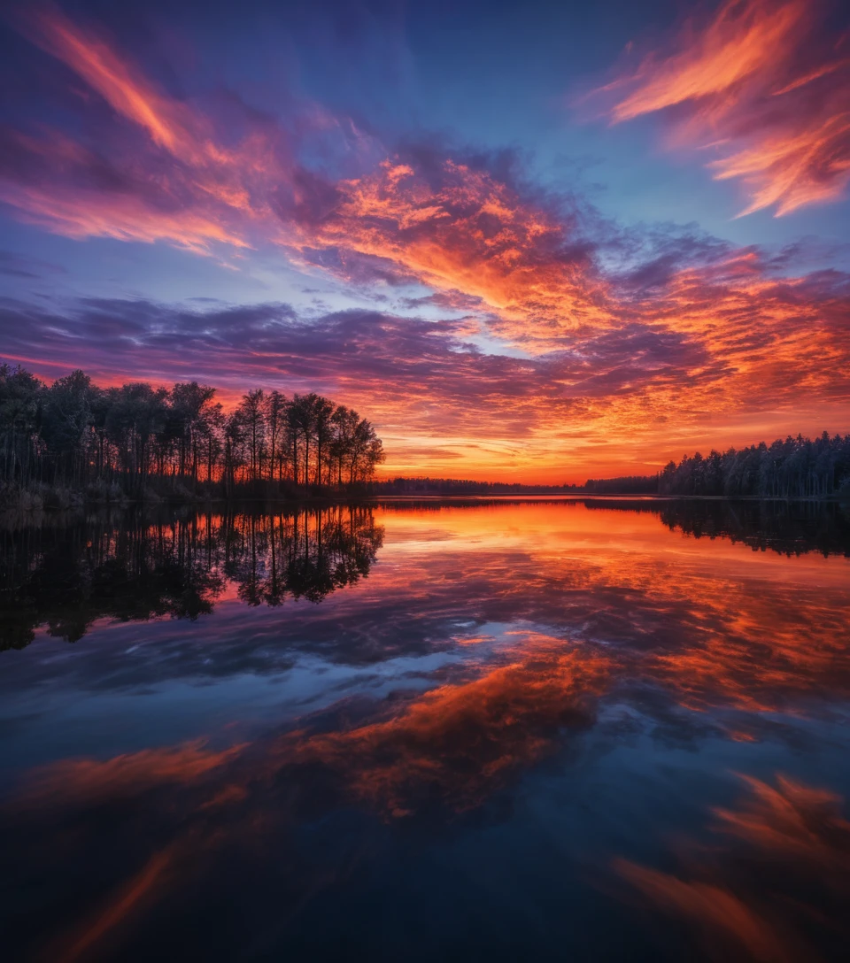 Cielo cinematografico al tramonto riflesso in un lago di montagna immobile