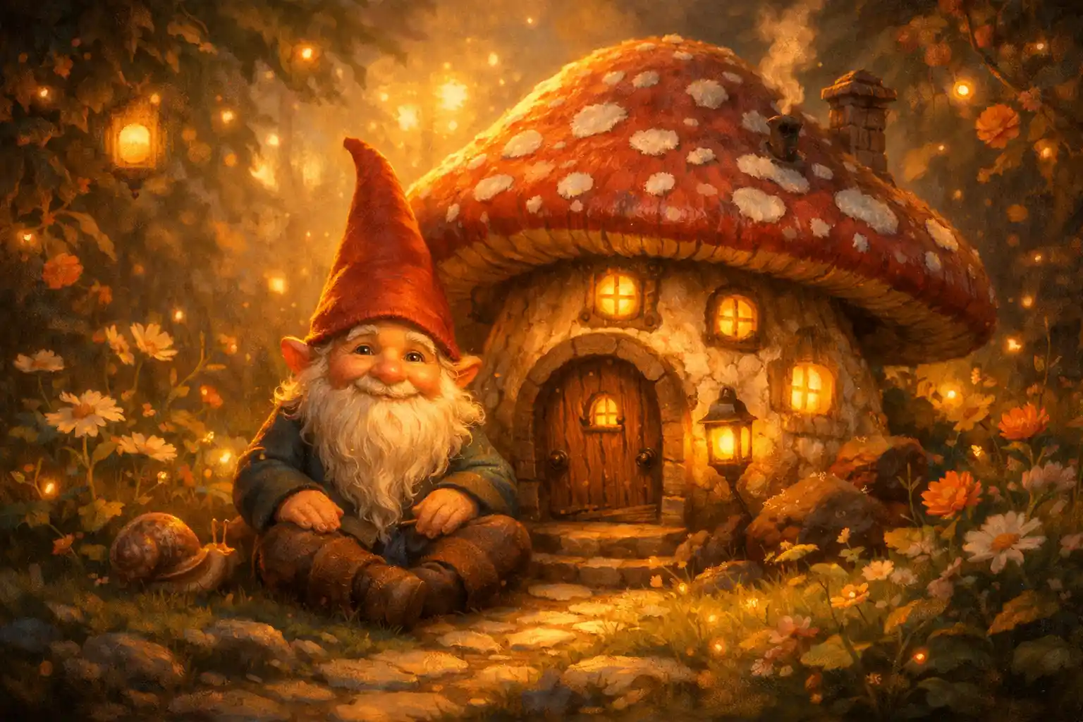 Cheerful gnome by a toadstool house in glowing garden