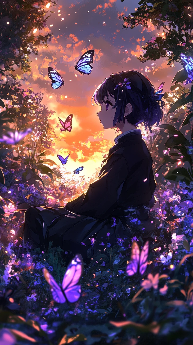 Anime-Mädchen in einem leuchtenden Blumengarten in der Dämmerung