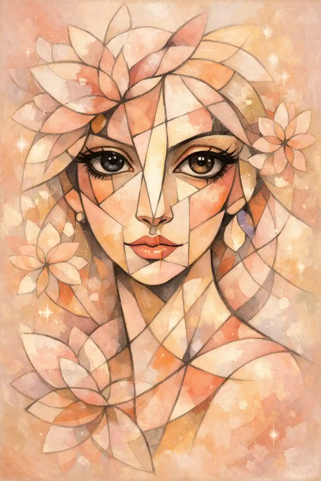 Abstract cubist portrait with floral geometric fragments