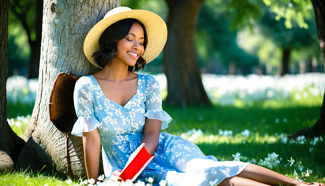 Young woman resting under a flowering tree in spring