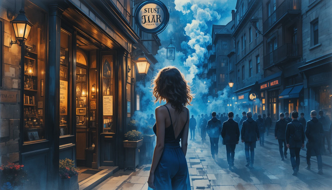 Fille en aquarelle devant un bar de jazz dans une rue à minuit