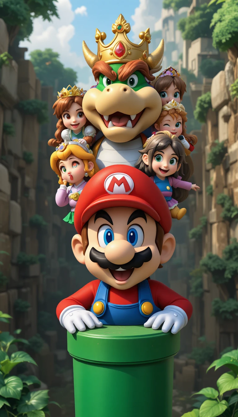 Stacked cartoon characters emerging from a green pipe