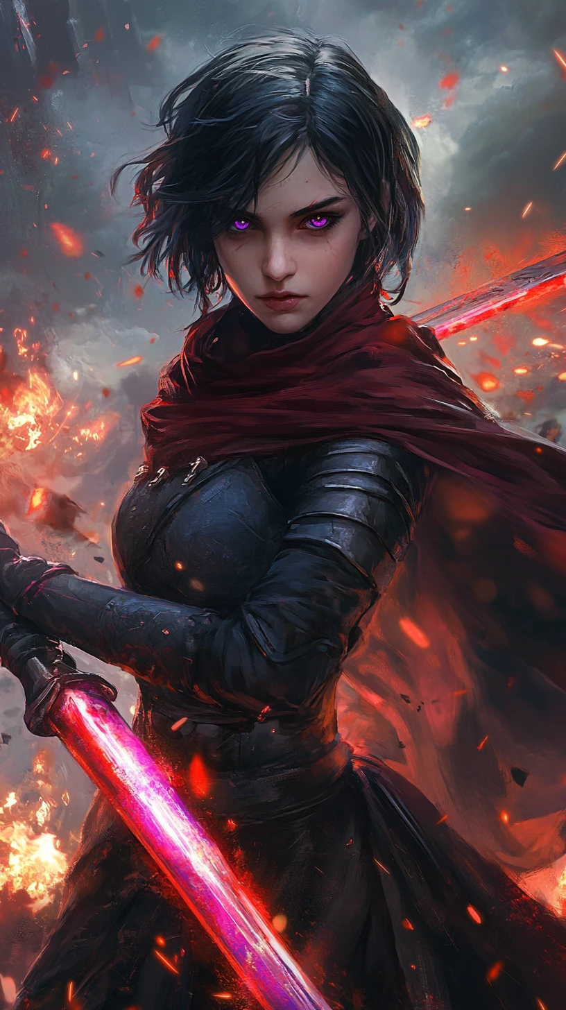 Anime warrior woman with twin energy swords in battle