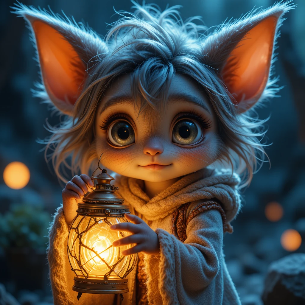 Piccola creatura fantasy pelosa che regge una lanterna luminosa