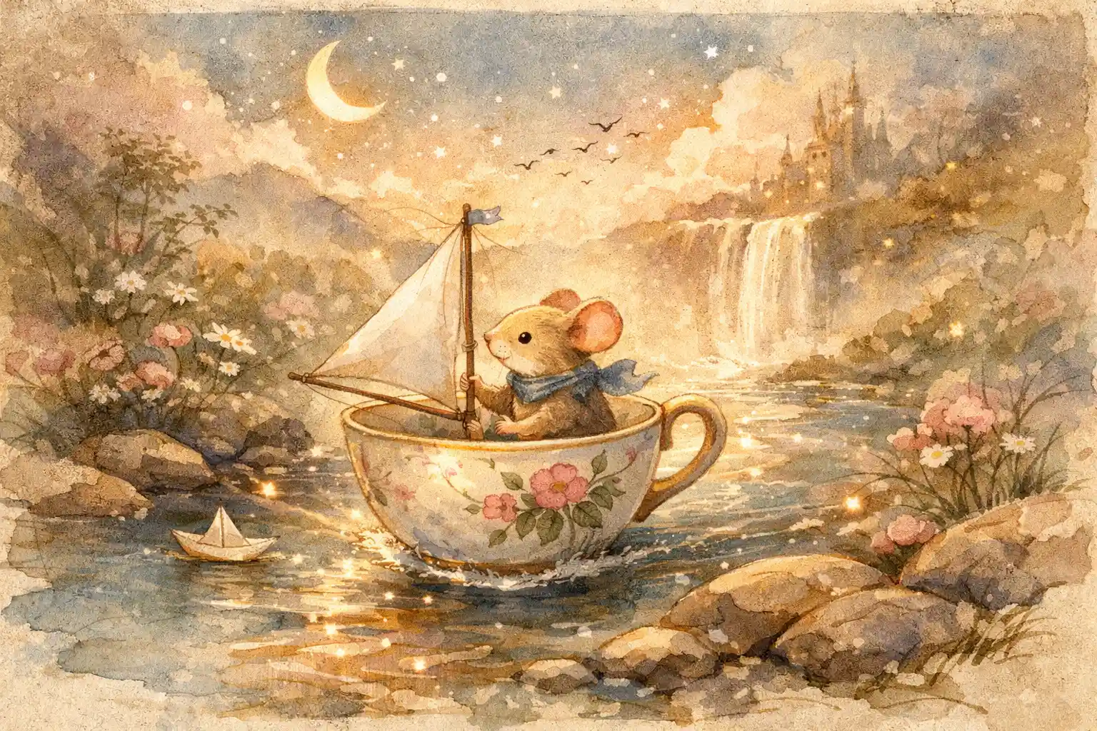 Pequeño ratón navegando en una taza de té a modo de barco por un arroyo tranquilo