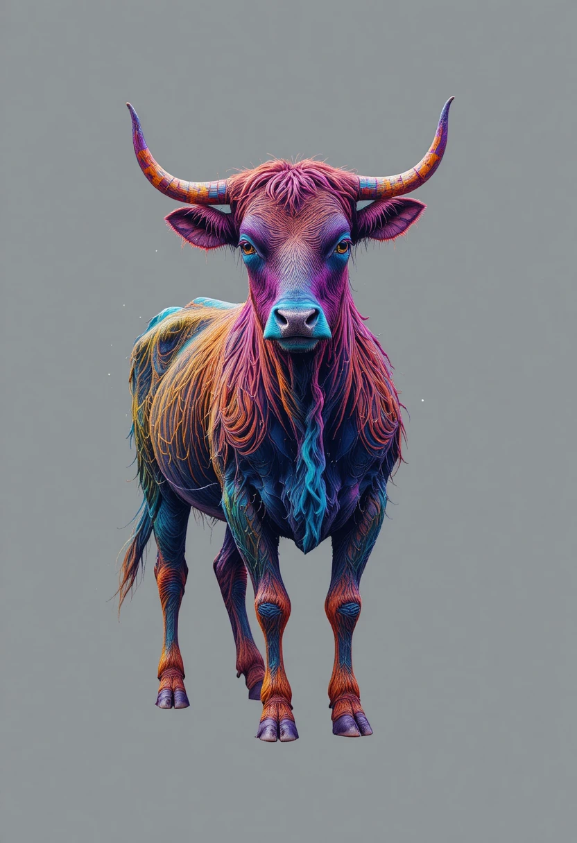 Mucca scozzese colorata su uno sfondo grigio uniforme