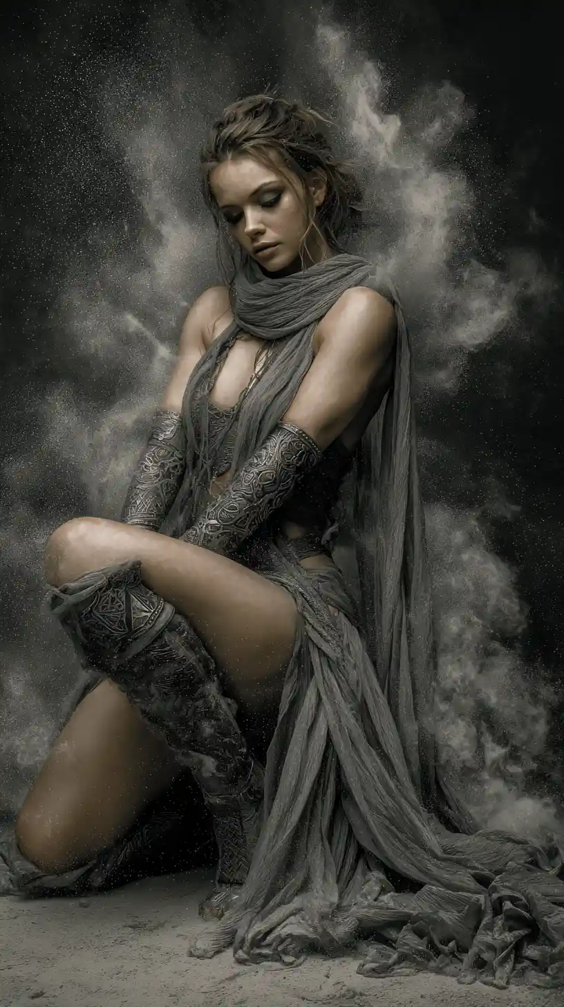 Mystic guardian kneeling in swirling magical dust vortex