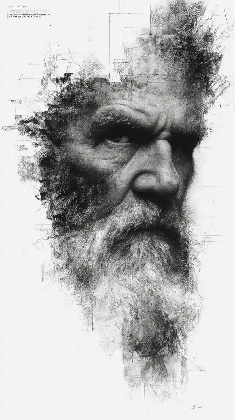 Aging male portrait in dramatic charcoal chiaroscuro