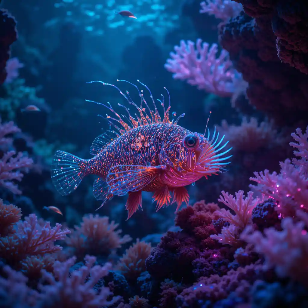 Glowing Anglerfish In A Mystical Bioluminescent Coral Reef