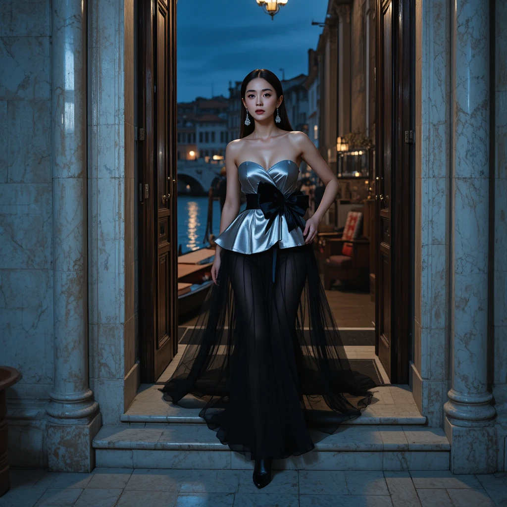 Korean fashion muse stepping from water taxi at blue hour