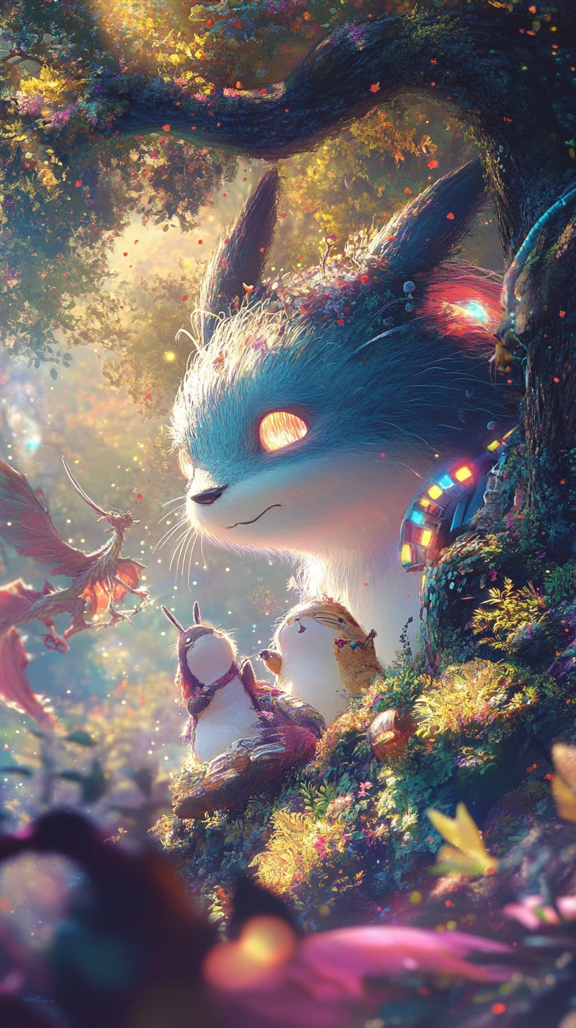 Playful forest spirit and children relaxing under a giant tree