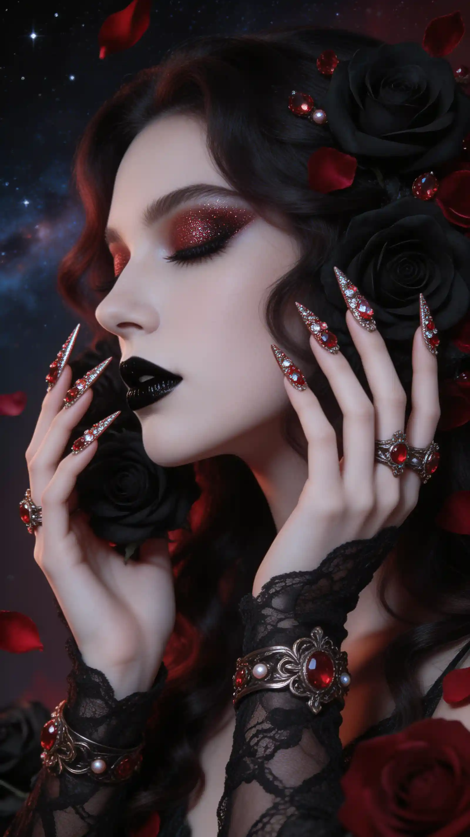 Mujer gótica de perfil con resplandor celestial y rosas
