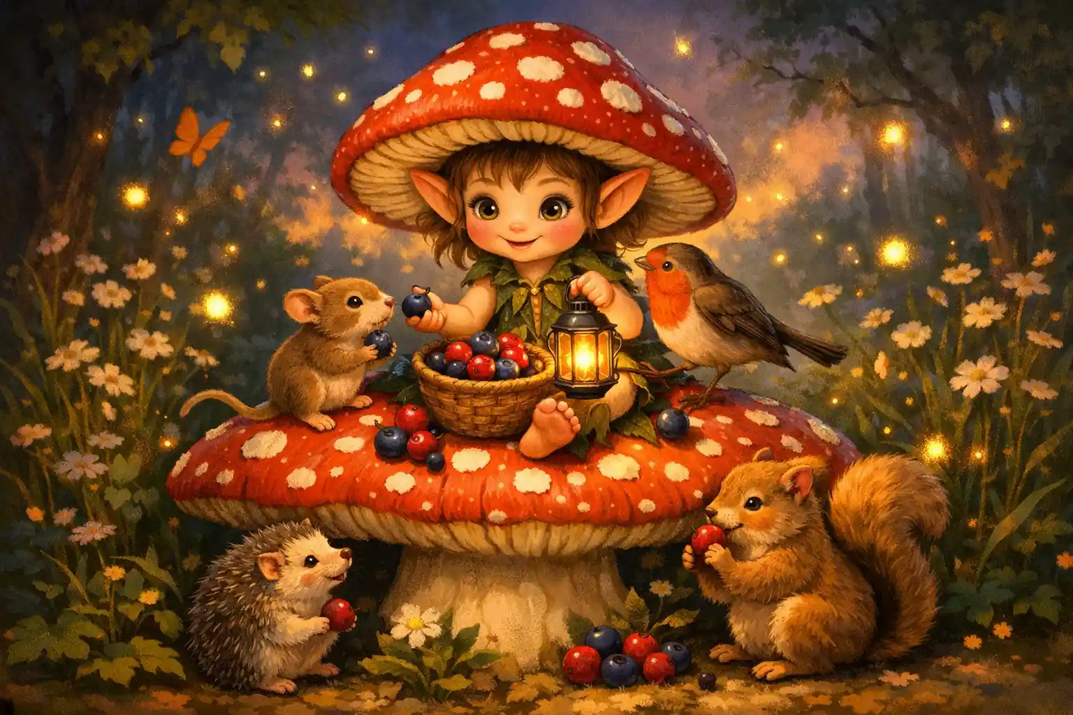 Cheerful mushroom sprite sharing berries in an enchanted glade