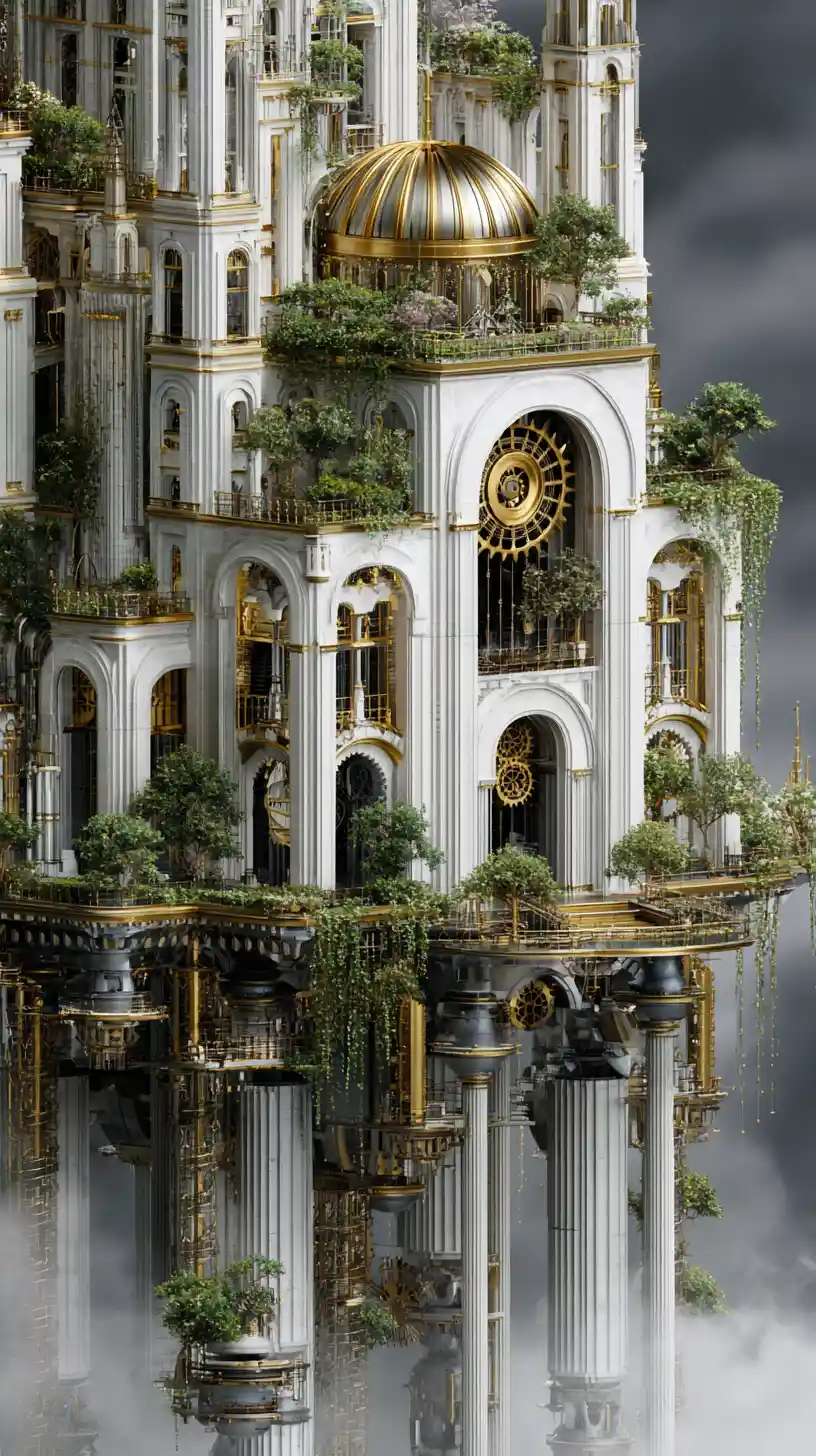 Golden cathedral city walking on colossal mechanical legs
