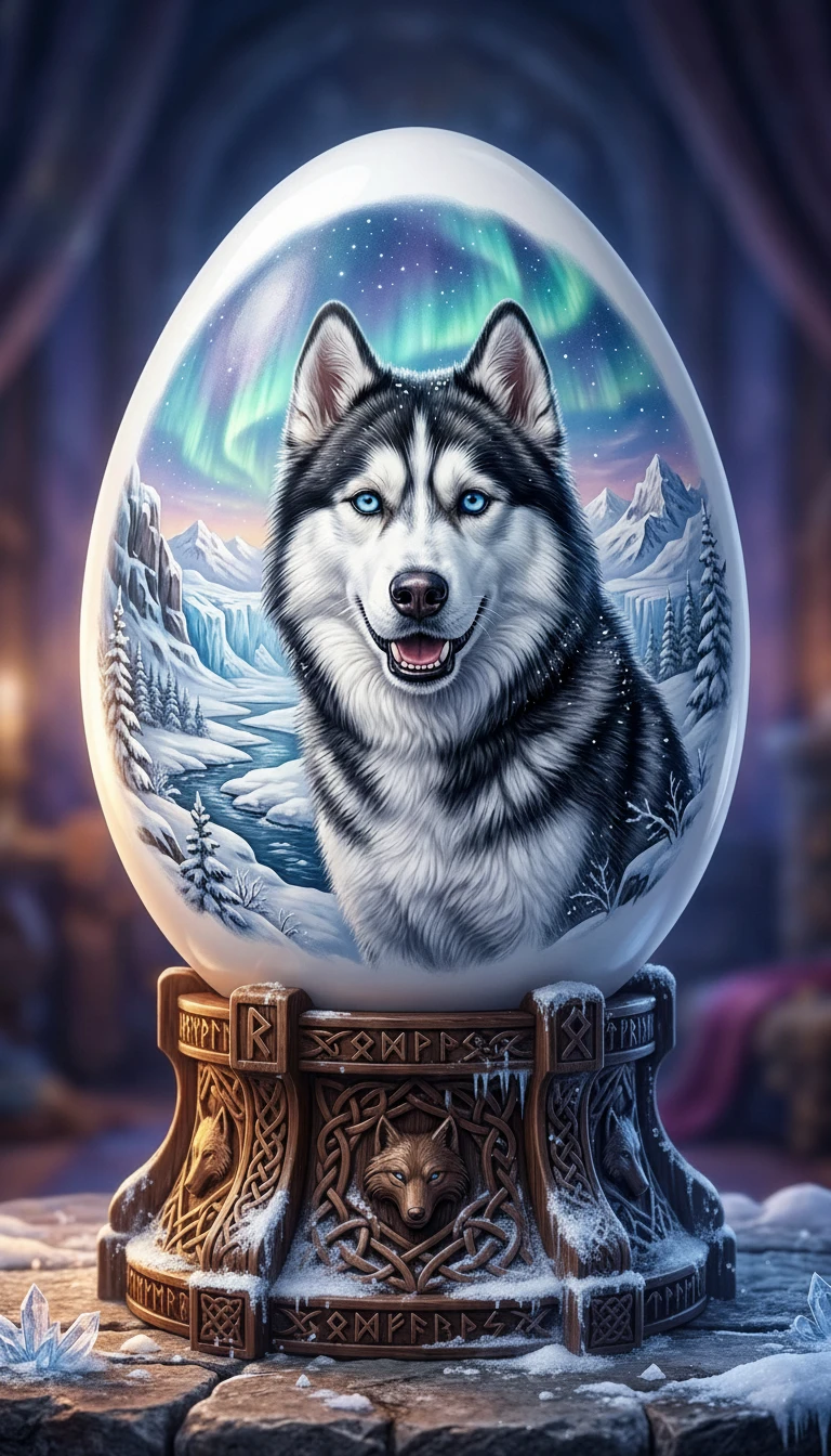 Painted husky portrait on ornate egg with arctic scene