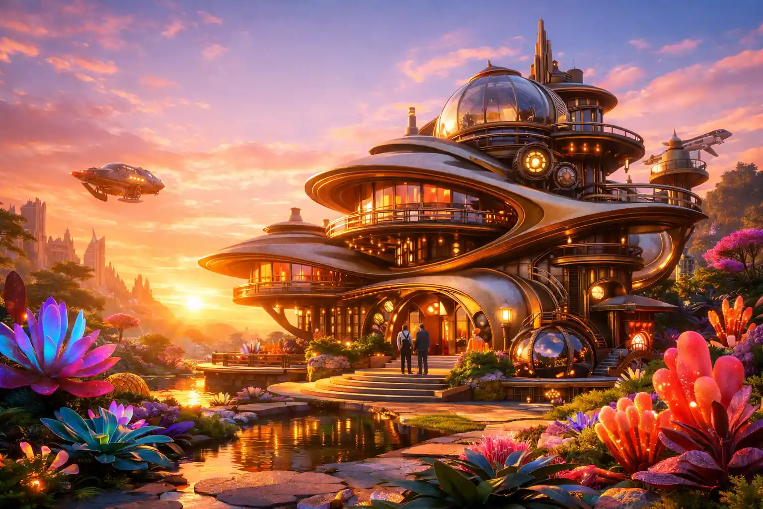 Casa futuristica all’alba in un vivace paesaggio urbano organico