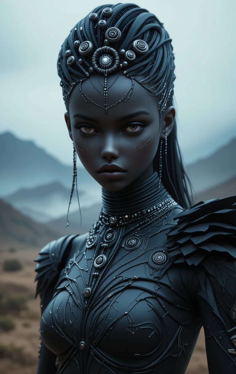 Tribal futuristic woman portrait with dark obsidian skin